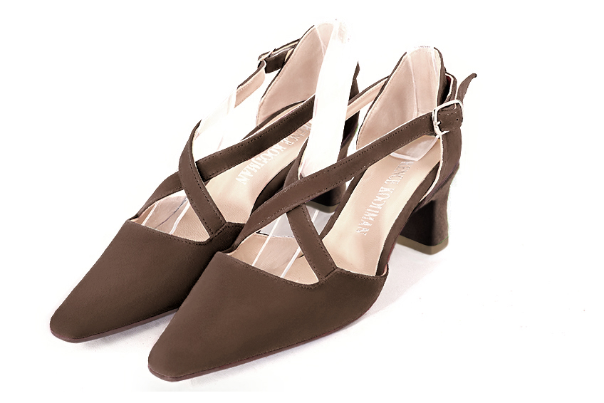 Chocolate brown women's open side shoes, with crossed straps. Tapered toe. Medium spool heels - Florence KOOIJMAN
